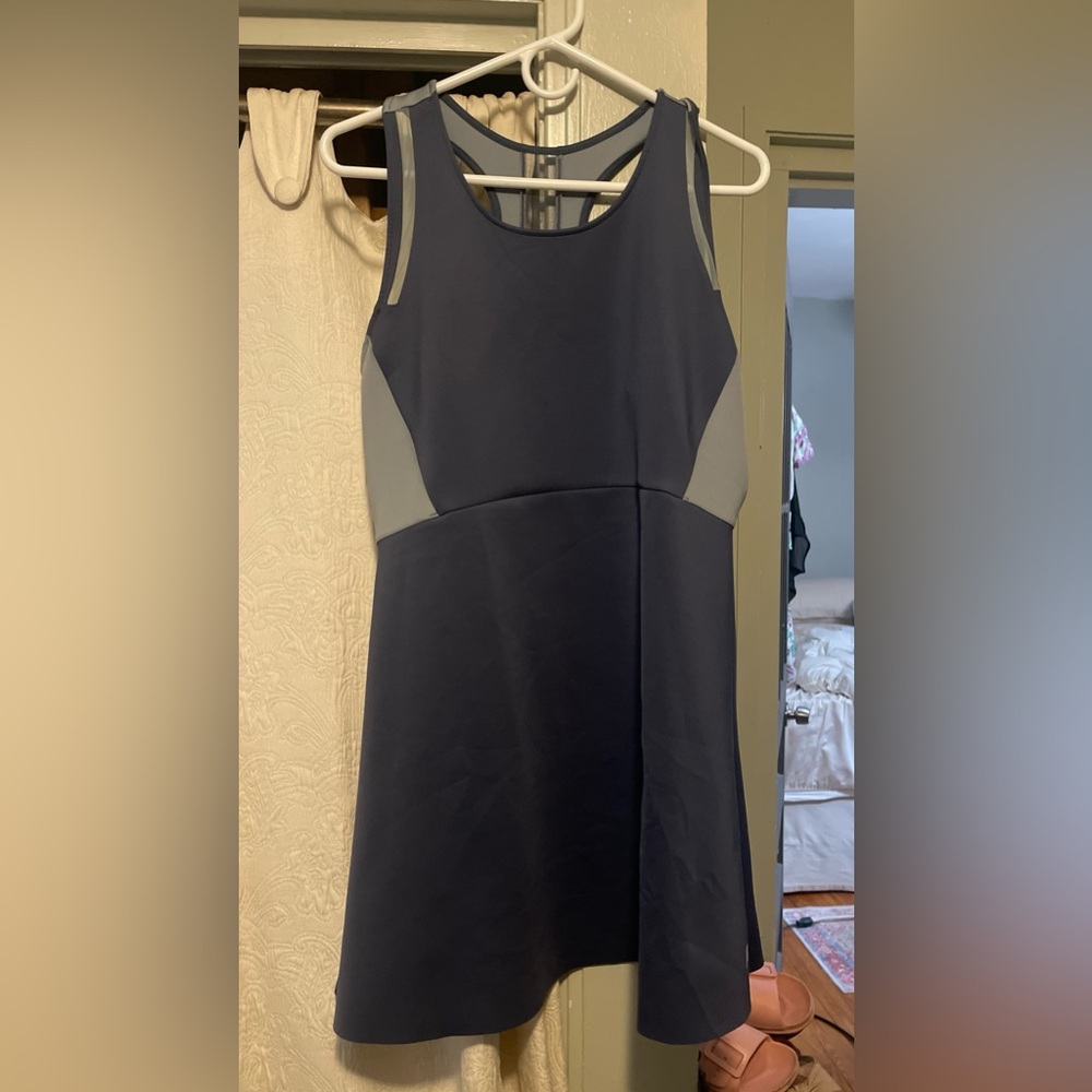 Navy Fit-and-Flare Dress with Gray Panels
